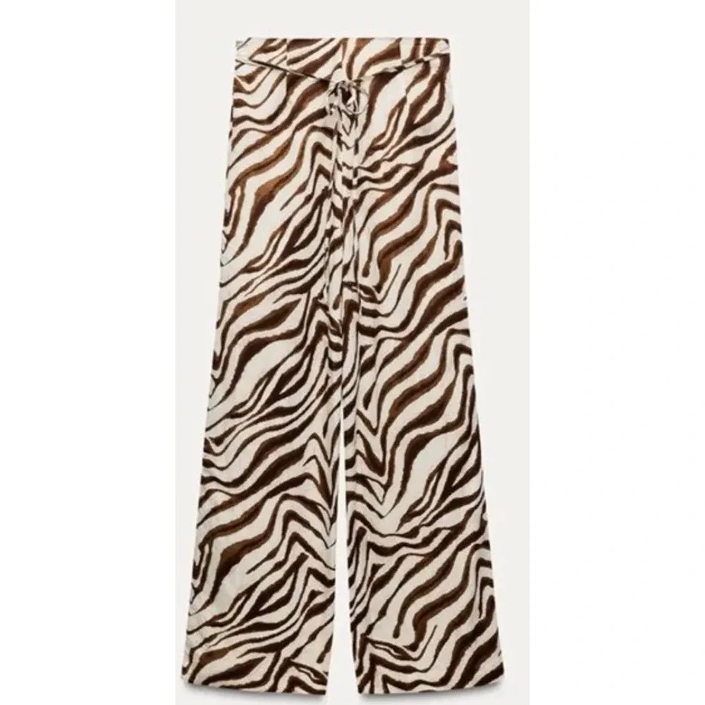 Zara Brown Zebra Print Wide Leg Pants NWT High Rise Linen XS 3067/501 Blogger
